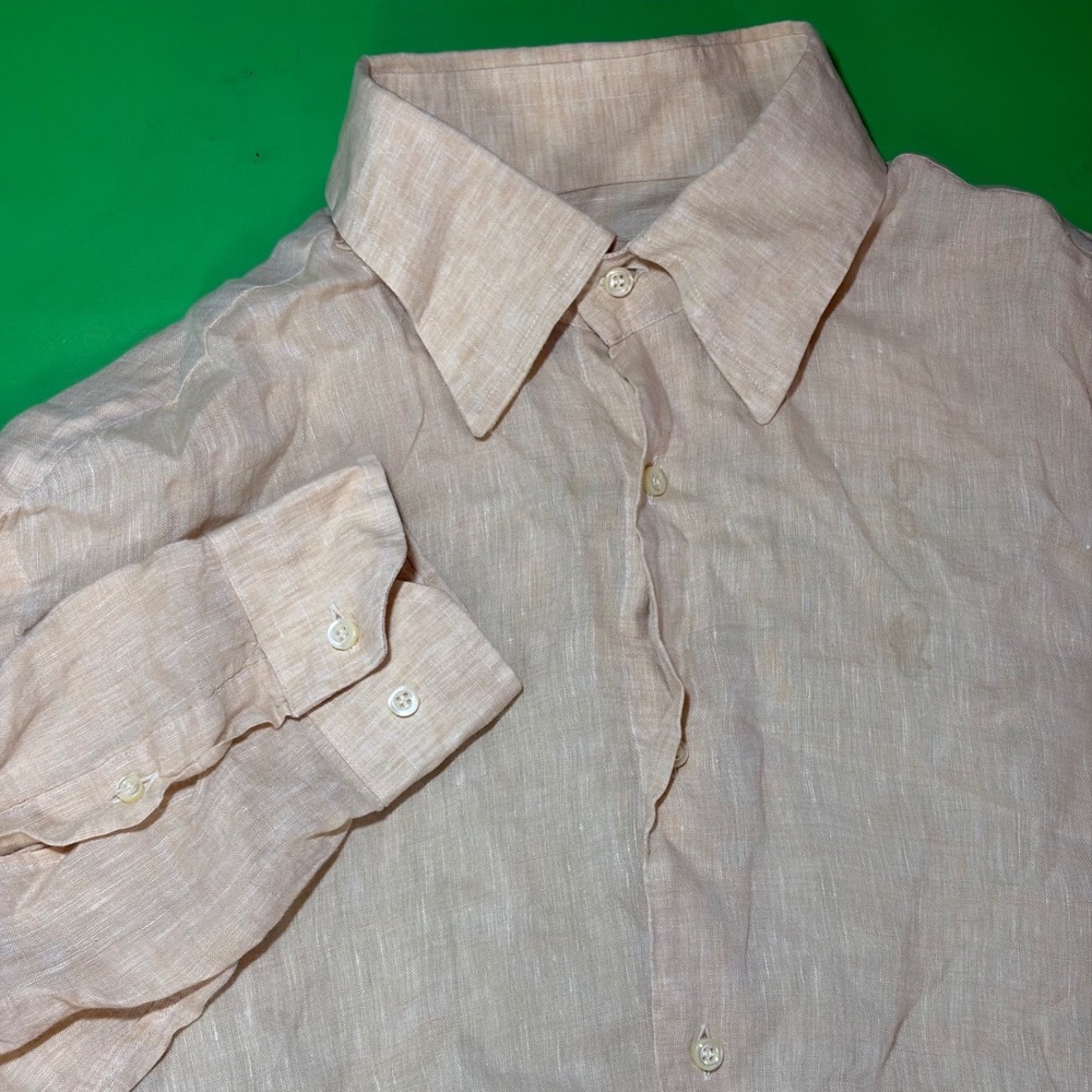 Fellini 100% Linen Button Up Shirt Mens XXL Peach Italy Made L/S Vacation Resort